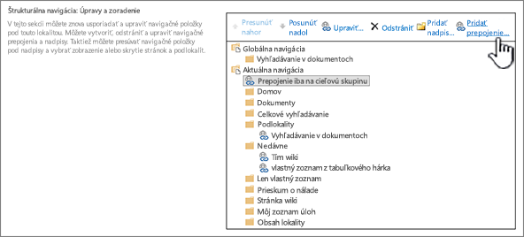 V časti Štruktúrovaná navigácia v rámci nastavenia navigácie je zvýraznená položka Pridať prepojenie