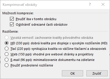 Dialógové okno Kompresia obrázkov