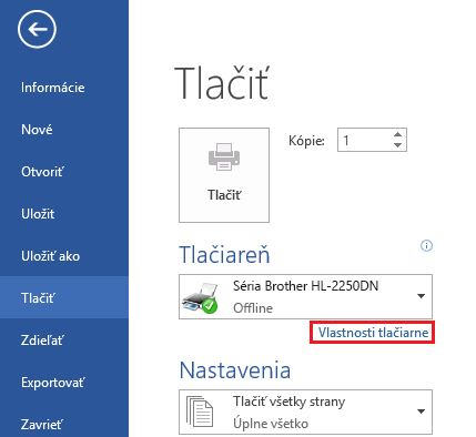 Na obrazovke Tlačiť kliknite na položku Vlastnosti tlačiarne.