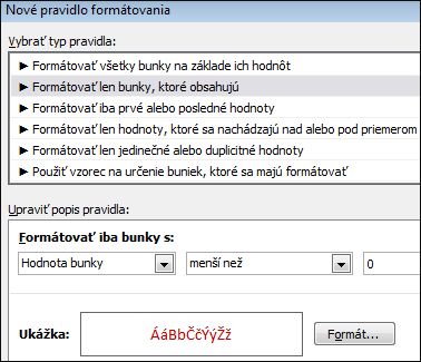 Pravidlo podmieneného formátovania, podľa ktorého sa zobrazia čísla menšie ako 0 v červenom texte