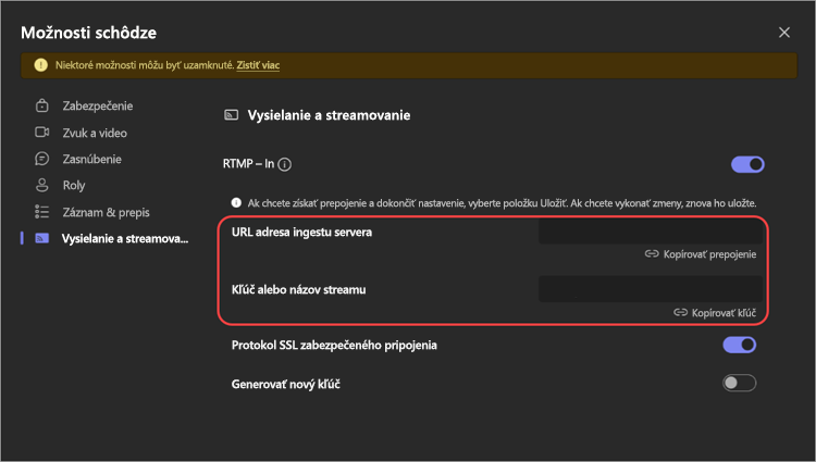 Snímka obrazovky zobrazujúca nastavenia protokolu RTMP-In v možnostiach schôdze.