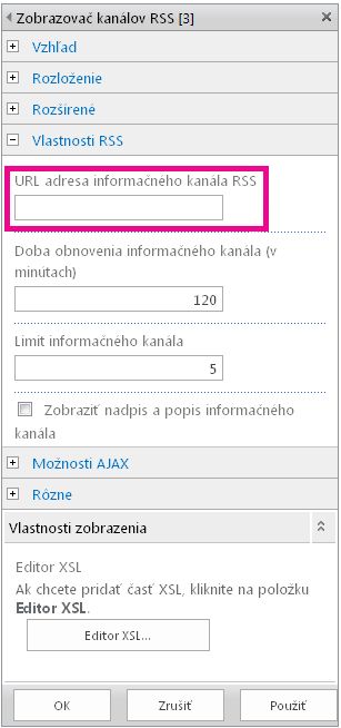 Vlastnosti webovej časti Zobrazovač kanála RSS