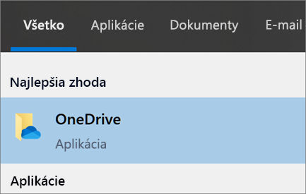 Snímka obrazovky vyhľadávania počítačovej aplikácie OneDrive v Windows 10