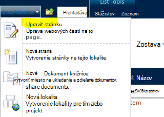 Príkaz Upraviť stránku v ponuke Akcie lokality