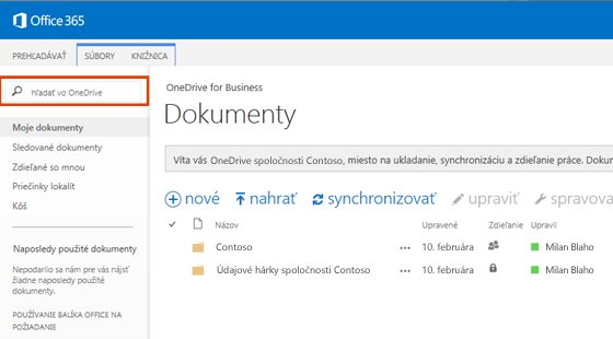 Snímka obrazovky s poľom dotazu One Drive v službách Office 365.