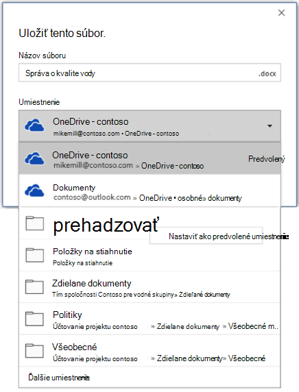 Snímka obrazovky s postupom nastavenia predvoleného umiestnenia vo Worde pri ukladaní nového súboru