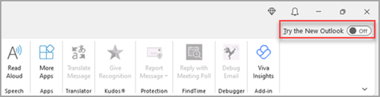 Obrázok znázorňujúci prepínač Vyskúšať nový Outlook v pravom hornom rohu.