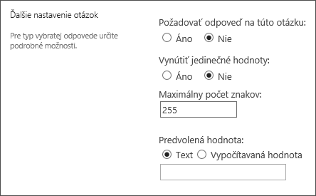 Časť Ďalšie otázky v novom dialógovom okne