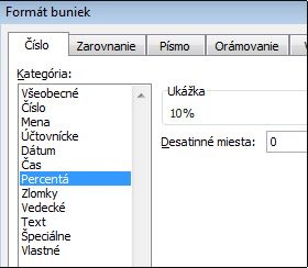 Kategória Percentá v dialógovom okne Formát buniek.