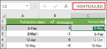 Použite EDATE na sčítanie alebo odpočítanie mesiacov od dátumu. V tomto prípade =EDATE(A2;B2), kde A2 je dátum, a bunka B2 obsahuje počet mesiacov na sčítanie alebo odpočítanie.