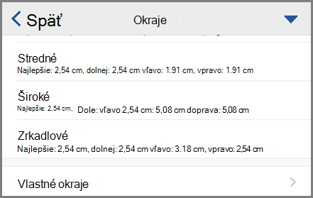 Zobrazenie možností nastavenia okrajov