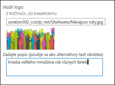 Dialógové okno nadpisu a loga novej lokality v SharePointe Online so zobrazením postupu vytvorenia alternatívneho textu obrázka loga