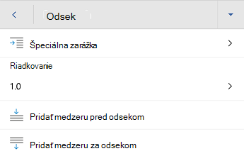 Ponuka formátovania odseku vo Worde pre Android.