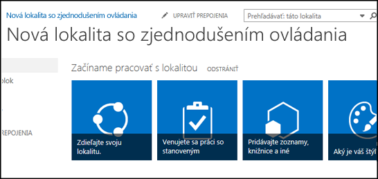 Snímka obrazovky s novou lokalitou SharePoint so zobrazením dlaždíc, ktoré slúžia na prispôsobenie lokality