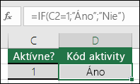 Bunka D2 obsahuje vzorec =IF(C2=1;"ÁNO";"NIE")