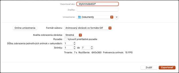 Dialógové okno Exportovať ako animovaný obrázok GIF v PowerPointe 2021 pre Mac