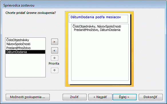 Pridanie úrovní zoskupenia v Sprievodcovi zostavou