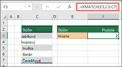 Excelová tabuľka s rôznymi ovocnými produktmi v bunkách C3 až C7. Vzorec XMATCH sa používa na vyhľadanie pozície v tabuľke, v ktorej sa text zhoduje s výrazom "hrozno" (definovaný v bunke E3). Vzorec vráti hodnotu "2", keďže text "Hrozno" je v tabuľke na pozícii dva.