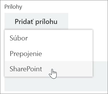 Snímka obrazovky s oblasťou Prílohy okna úlohy s otvoreným zoznamom Priložiť.