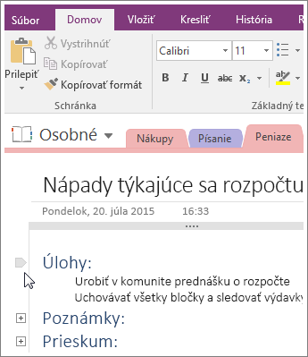 Snímka obrazovky s postupom, ako zbaliť prehľad vo OneNote 2016.