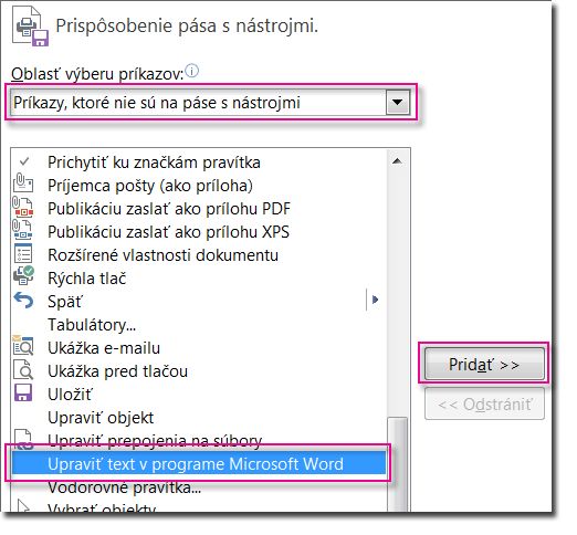 Pridanie tlačidla Upraviť text v programe Microsoft Word na publisherový panel s nástrojmi Rýchly prístup.