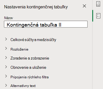 Tabla Nastavenia kontingenčnej tabuľky v Exceli pre web