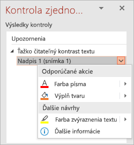 Rozbaľovacia ponuka pre problém vo kontrole zjednodušenia ovládania so zobrazením zoznamov Odporúčané akcie a Ďalšie návrhy