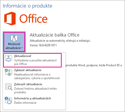Manuálne vyhľadanie aktualizácií balíka Office vo Worde 2016