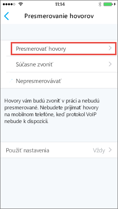 Obrazovka presmerovania hovorov v Skype for Business pre iOS