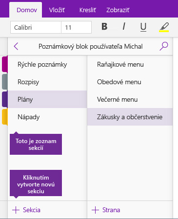 Snímka obrazovky s tlačidlom Pridať sekciu vo OneNote