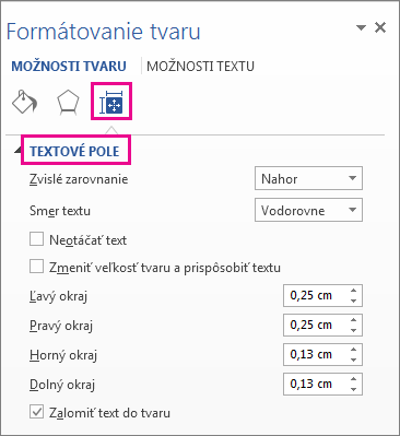 Možnosti textového poľa na table Formátovať tvar