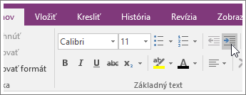 Snímka obrazovky s tlačidlom Zväčšiť zarážku vo OneNote 2016.