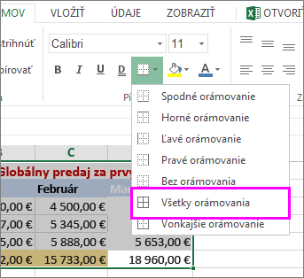 pridanie orámovania do tabuľky alebo rozsahu údajov