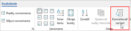 Zvýraznená možnosť Konvertovať na text na karte Rozloženie.