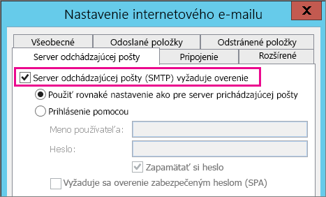 Vyberte položku Server odchádzajúcej pošty vyžaduje overenie.