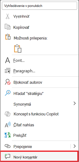 Kontextová ponuka Nový komentár.