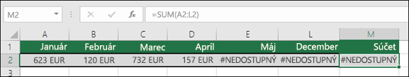 Príklad chyby #NEDOSTUPNÝ v bunkách, čo zabraňuje vzorcu SUM v správnom výpočte.