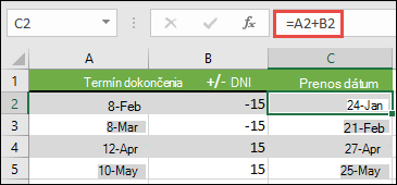 Pridajte alebo odčítajte dni od dátumu s =A2+B2, kde A2 je dátum, a B2 je počet dní, ktoré sa majú pripočítať alebo odčítať.