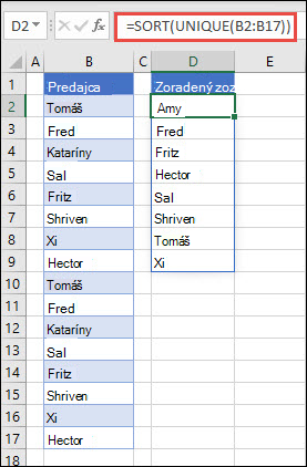 Použitie funkcie UNIQUE s funkciou SORT na vrátenie zoznamu mien vo vzostupnom poradí