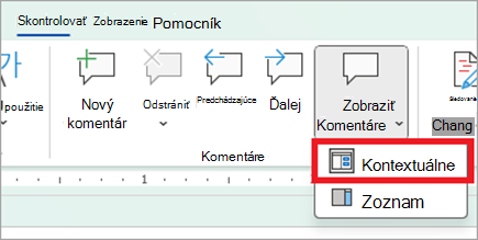 Prepnutie na kontextové zobrazenie pomocou tlačidla Zobraziť komentáre na karte Revízia