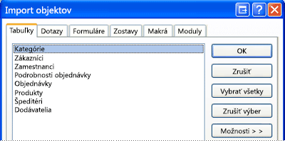 Dialógové okno Import objektov