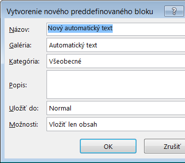 Vytvorenie nového preddefinovaného bloku