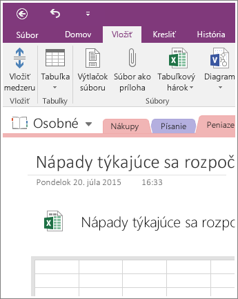 Snímka obrazovky s novým tabuľkovým hárkom vo OneNote 2016.