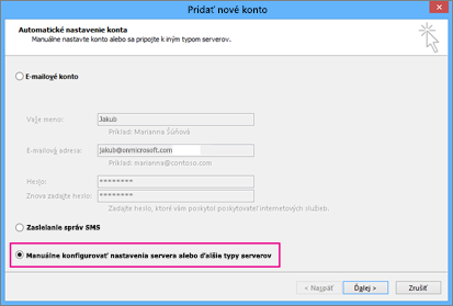 Vyberte položku Manuálne konfigurovať nastavenia servera alebo ďalšie typy služieb.