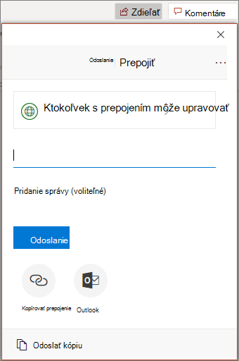 Dialógové okno a ikona zdieľania v PowerPointe