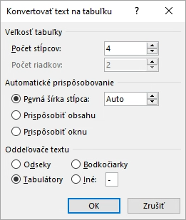 Zobrazuje sa dialógové okno Konvertovať text na tabuľku.