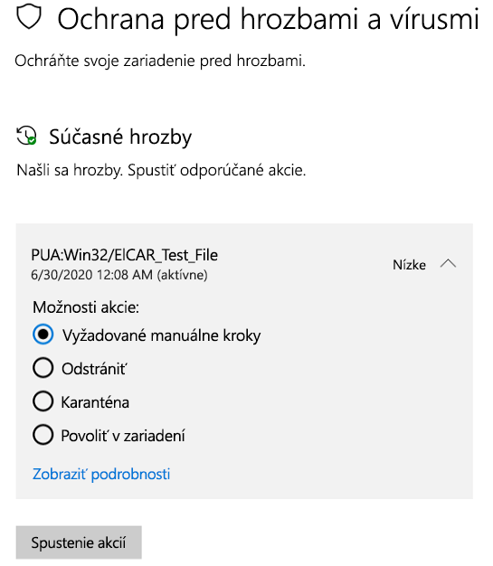 Dostupné akcie, keď Windows Zabezpečenie zistí potenciálne nechcenú aplikáciu