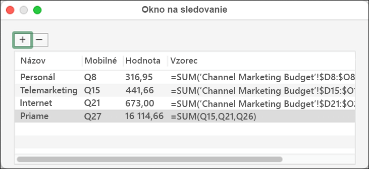 Okno sledovania v Exceli 2021 pre Mac zobrazujúce názov, bunku, hodnotu a vzorec