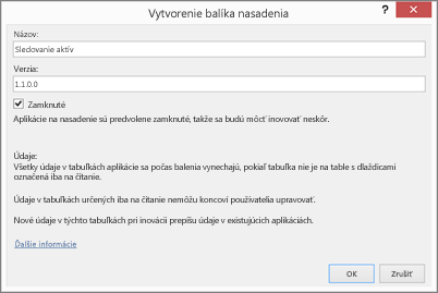 Dialógové okno Vytvorenie balíka nasadenia