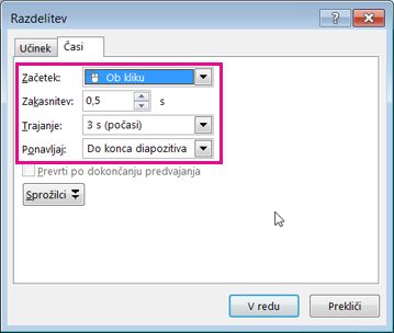 Nastavite čas, zakasnitev in trajanje animacijskega učinka
